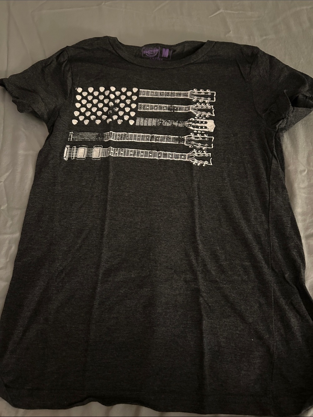Women's Black Graphic Guitar Flag Short Sleeve Tee